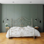 Vintage Modern  interior of  bed room, wood  bed  with wall lamp