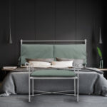 Gray master bedroom with cabinet