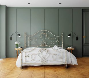 Vintage Modern  interior of  bed room, wood  bed  with wall lamp on  parguet flooring and dark blue  wall  ,3d rendering